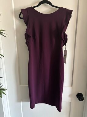 NEW CAVIN KLEIN PLUM COLOR RUFFLED SLEEVE MINI SHEATH CLASSIC NECKLINE SZ 4